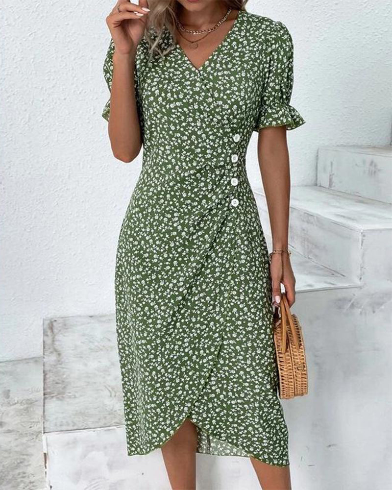 Quincy Robe d’Été Femme – Robe Fleurie à Manches Courtes avec Fermeture à Boutons Élégante
