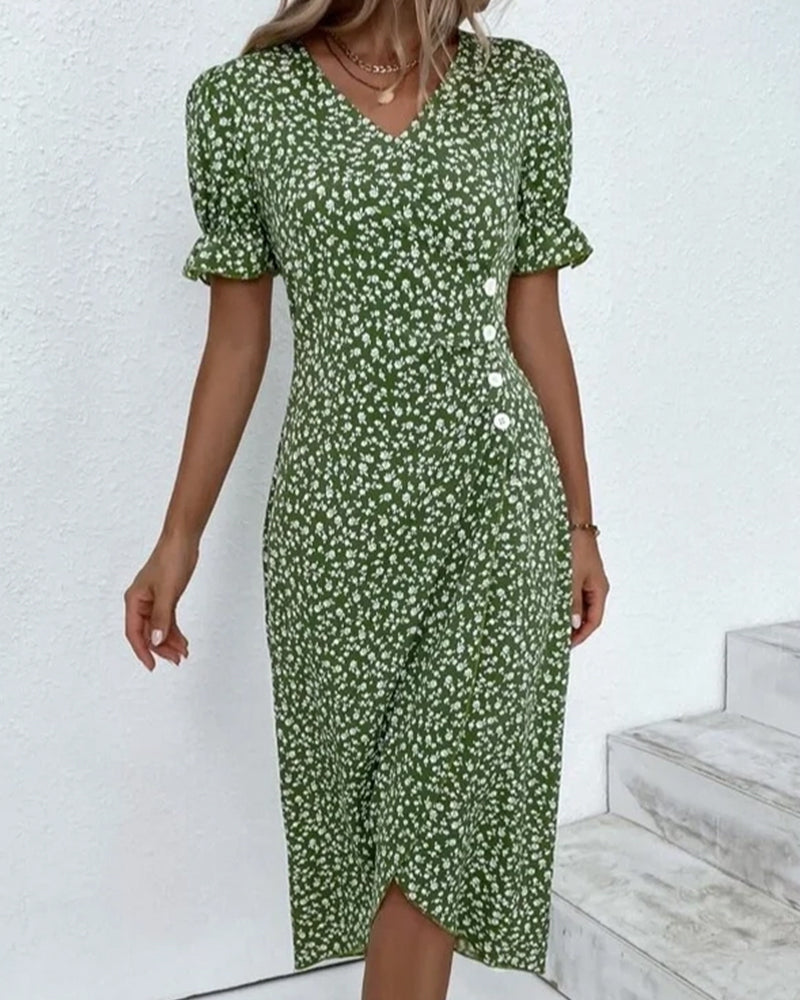 Quincy Robe d’Été Femme – Robe Fleurie à Manches Courtes avec Fermeture à Boutons Élégante
