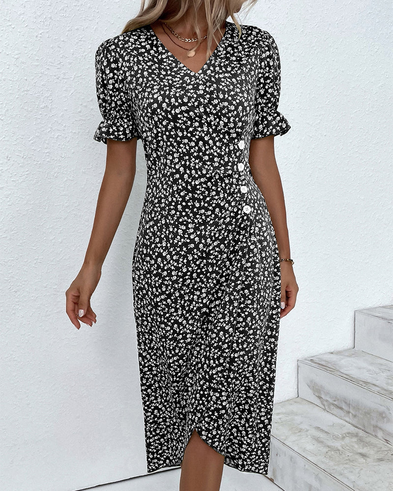 Quincy Robe d’Été Femme – Robe Fleurie à Manches Courtes avec Fermeture à Boutons Élégante