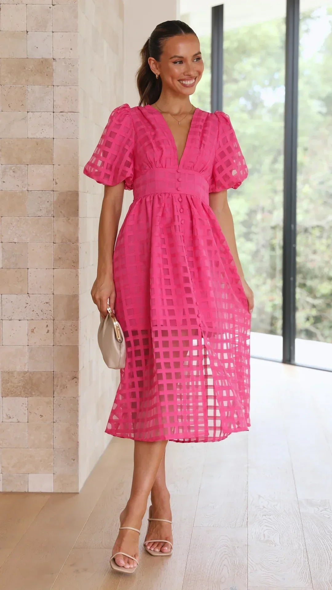 Mylene Midi Jurk Dames – Chic Geruite Jurk met Volume & Levendige Kleur