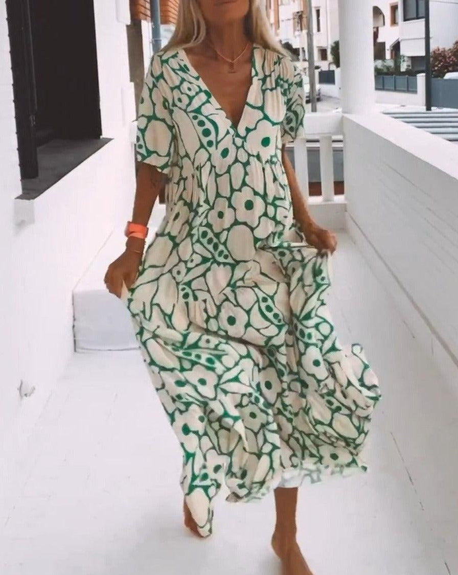 Ester hosszú virágos női köntös – rövid fodros ujjú és zöld krém nyári mintával