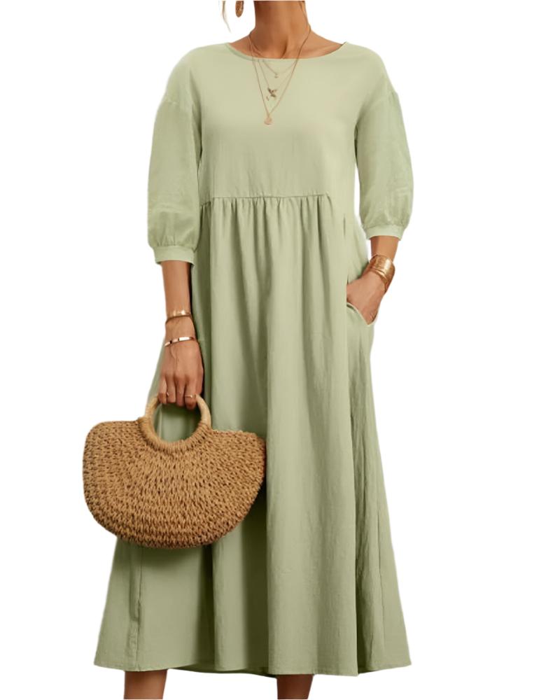 Flore Robe Midi Femme – Bomuld Linned Åndbar, Rund Hals, Lanterneærmer, Sommerkomfort