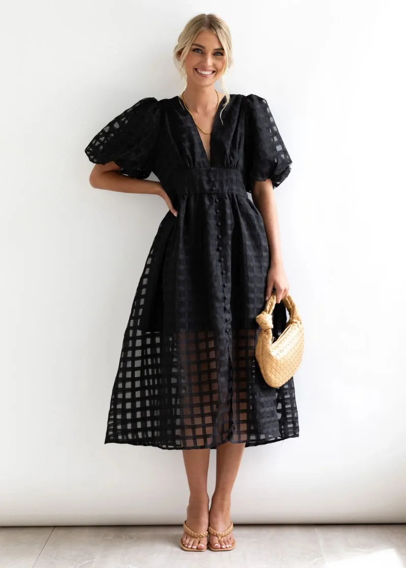Mylene Midi Jurk Dames – Chic Geruite Jurk met Volume & Levendige Kleur