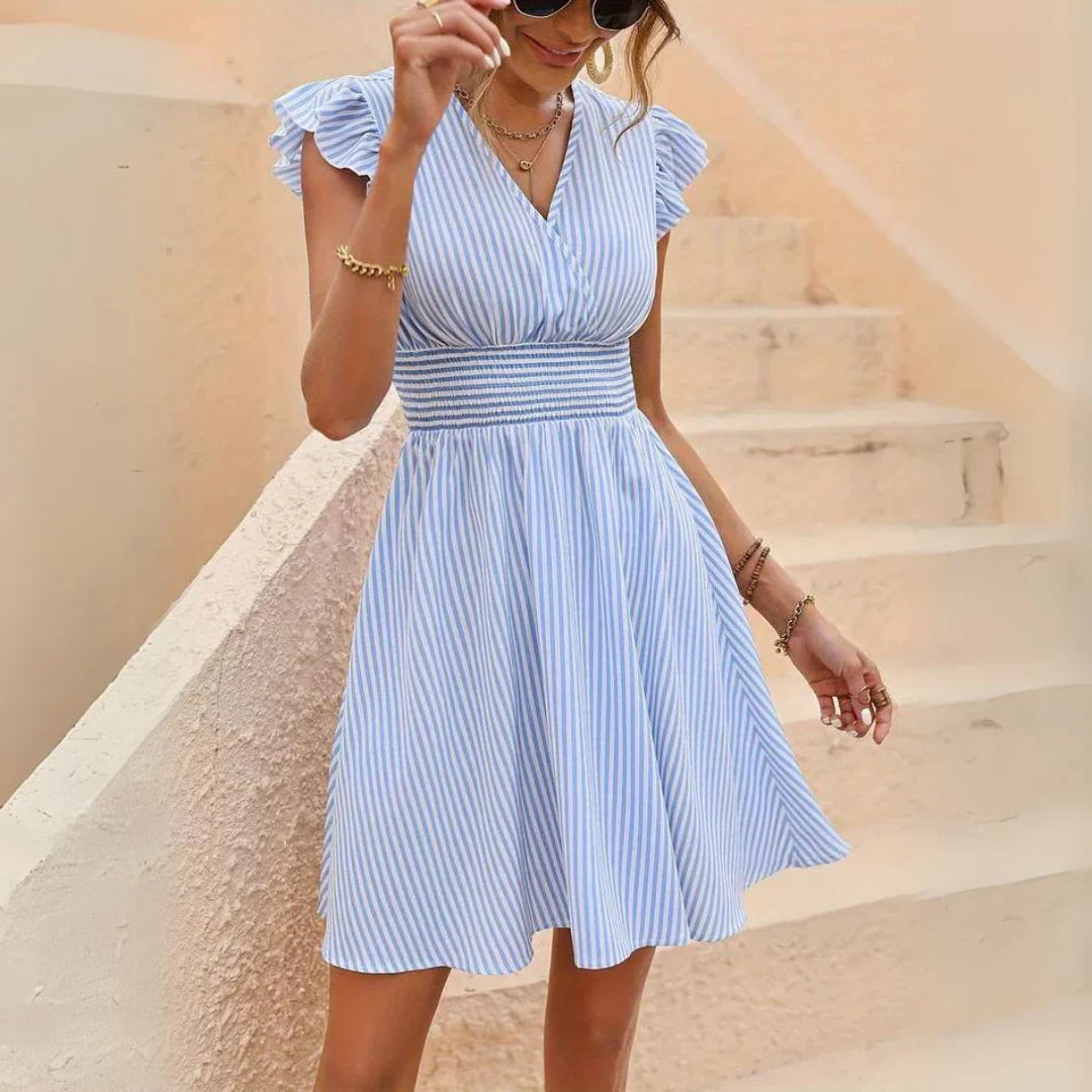 Ailani Robe Femme – Elegant stribet kjole med flæseærmer & feminin sommerpasform