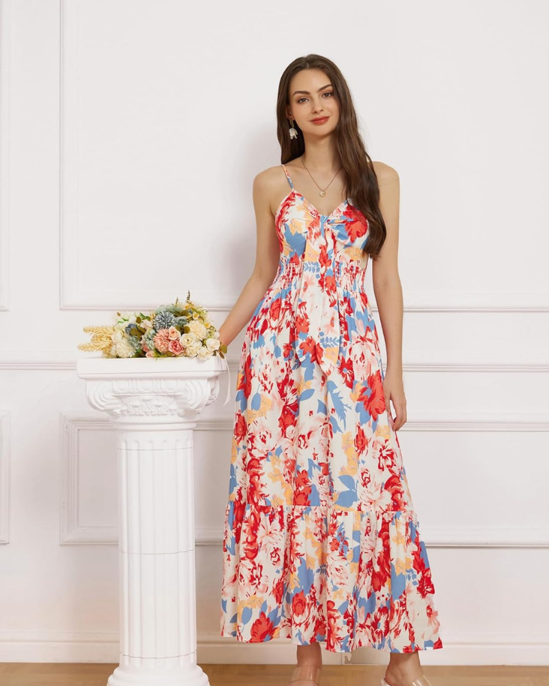 Darla Robe Femme Maxi Fleurie – Bretelles Fines, Col V, Taille Nouée Bohème Été