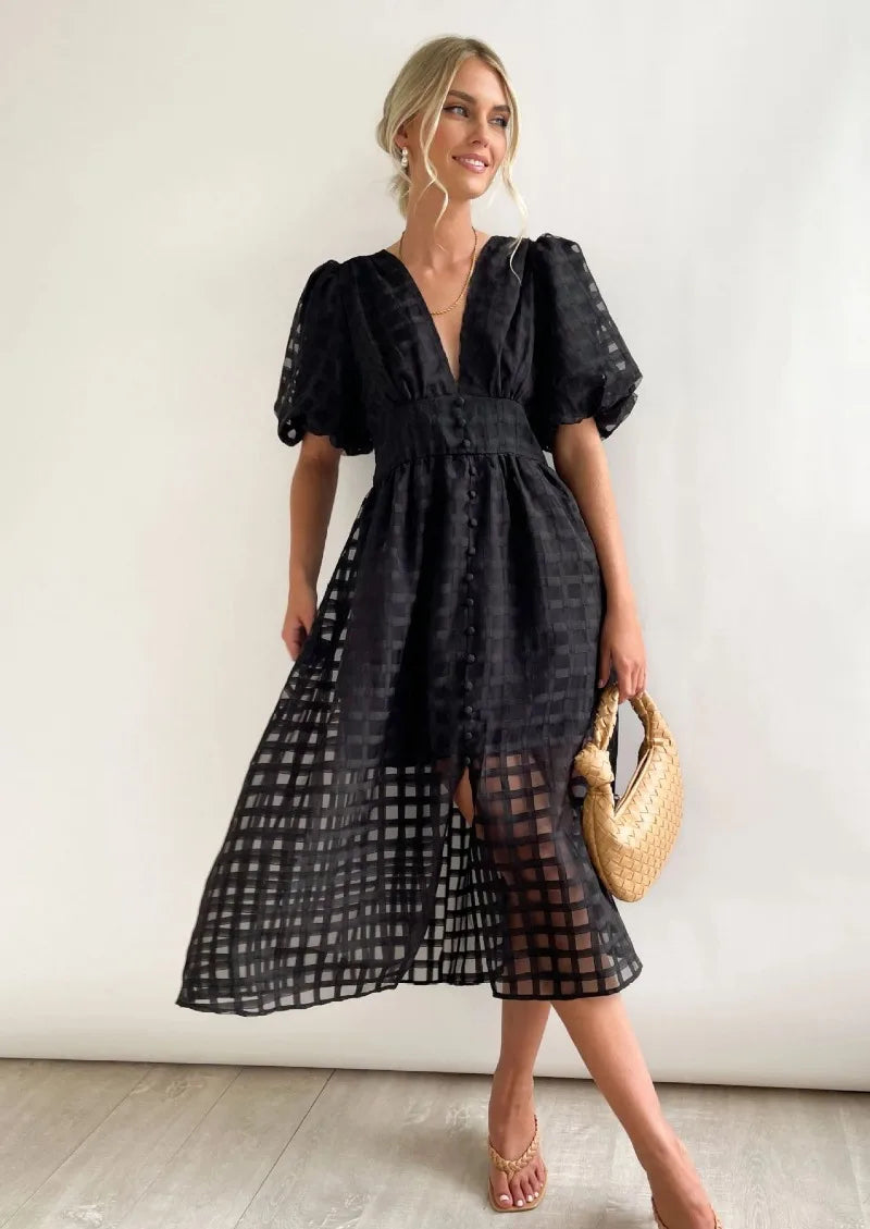 Mylene Midi Jurk Dames – Chic Geruite Jurk met Volume & Levendige Kleur