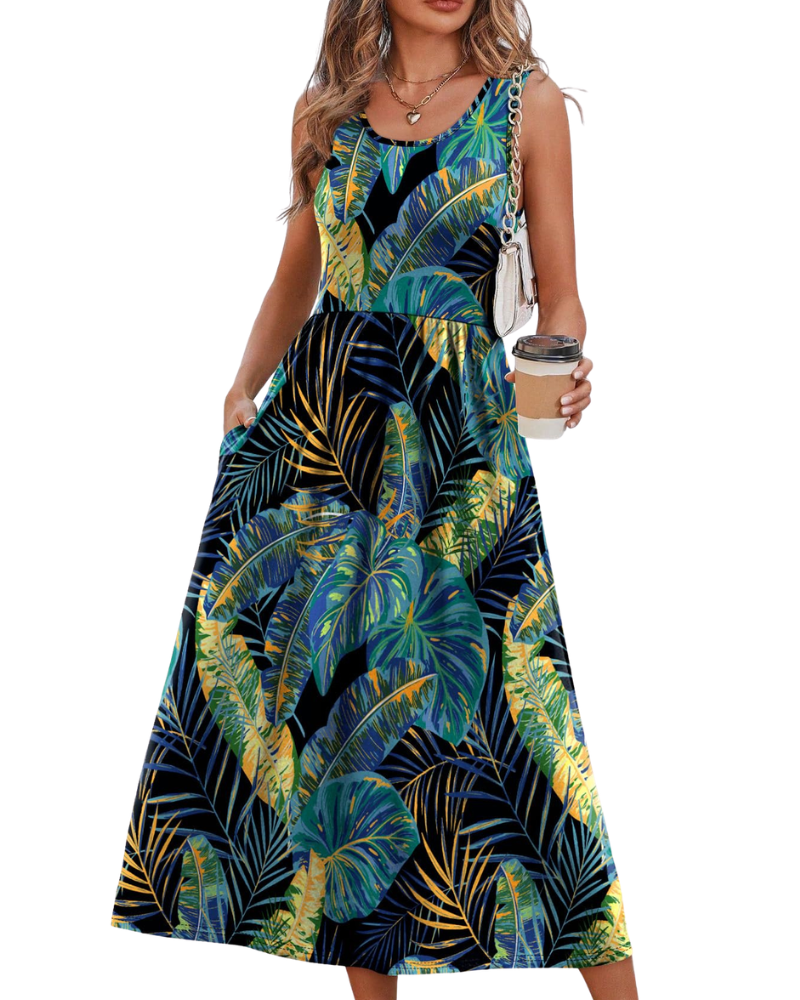 Jensy Robe Midi Femme – Robe A-Line Fluide avec Poches, Taille Empire & Coupe Élégante Été