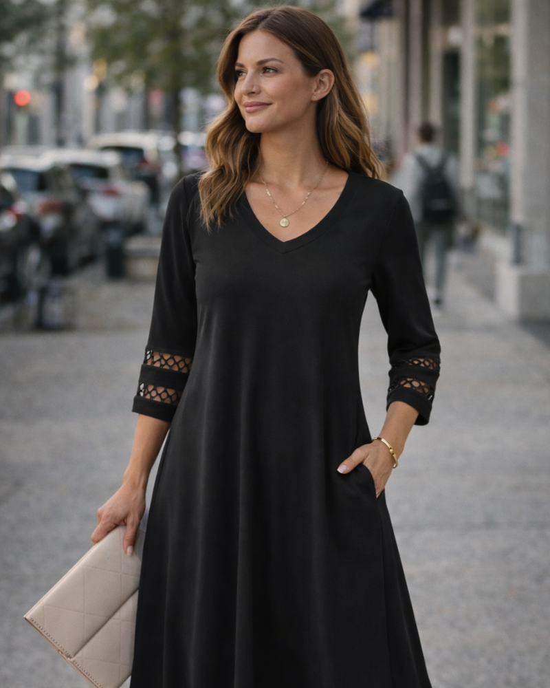 Rummi Damenkleid – V-Ausschnitt, 3/4-Ärmel aus Spitze & A-Linien-Midilänge mit Taschen