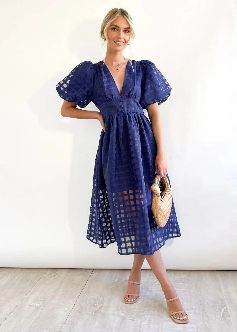 Mylene Midi Jurk Dames – Chic Geruite Jurk met Volume & Levendige Kleur