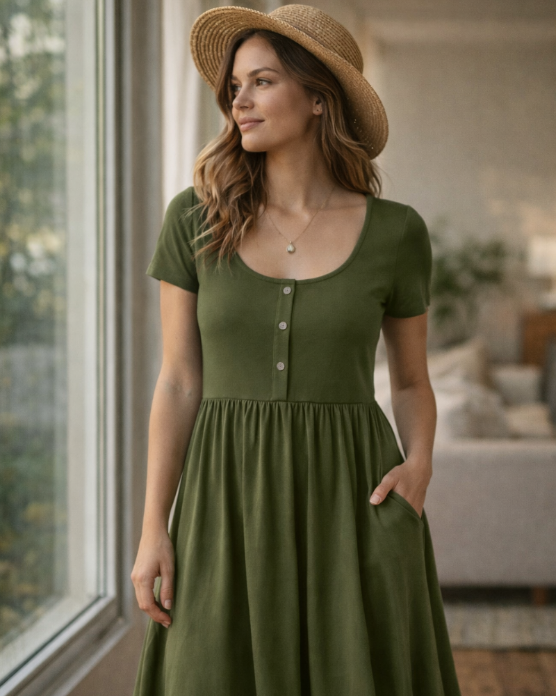 Vestido Maloi Mulher – Gola Redonda, Corte A-Line Midi e Cintura Elástica com Bolsos Verão