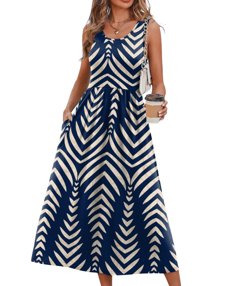 Jensy Robe Midi Femme – Robe A-Line Fluide avec Poches, Taille Empire & Coupe Élégante Été