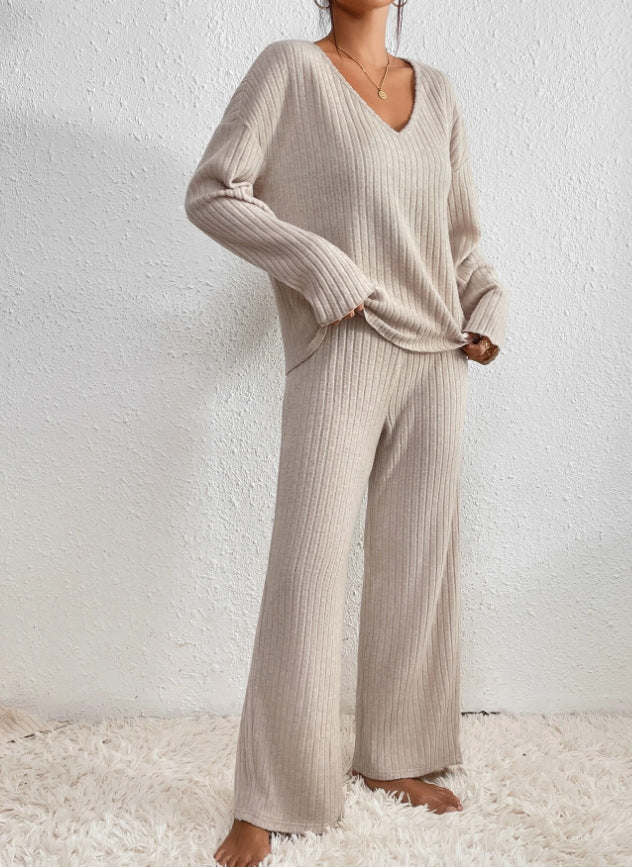 Ensemble en maille Kathy pour femme – Tenue d'intérieur confortable avec pull à col en V et pantalon doux