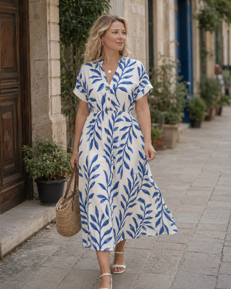 Rosita Robe Femme Bohème – Col V, Manches Courtes, Taille Haute, Poches Été