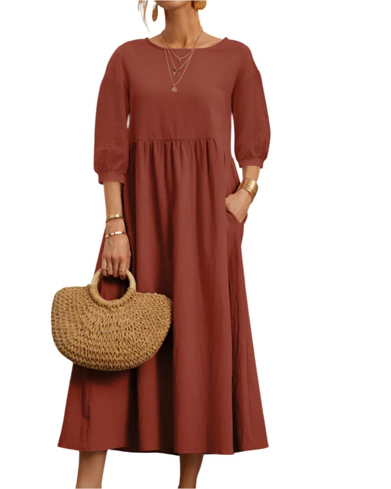 Flore Robe Midi Femme – Bomuld Linned Åndbar, Rund Hals, Lanterneærmer, Sommerkomfort
