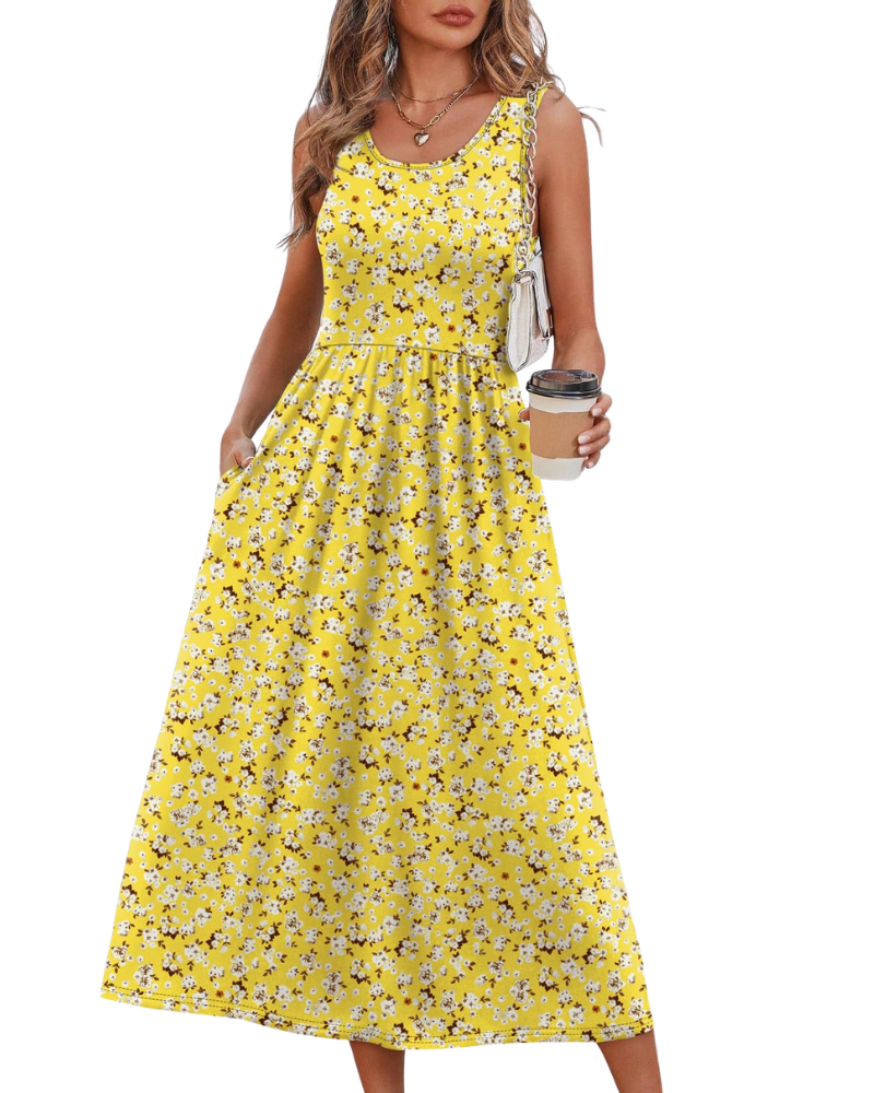 Jensy Robe Midi Femme – Robe A-Line Fluide avec Poches, Taille Empire & Coupe Élégante Été