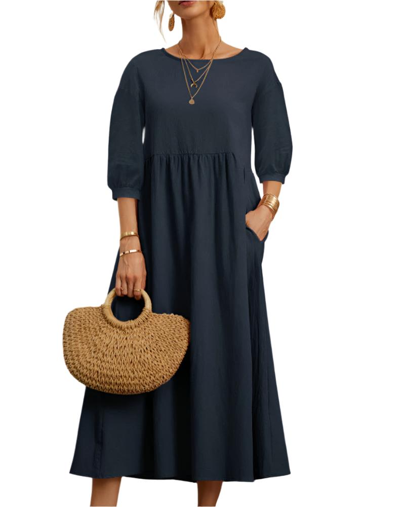 Flore Robe Midi Femme – Bomuld Linned Åndbar, Rund Hals, Lanterneærmer, Sommerkomfort