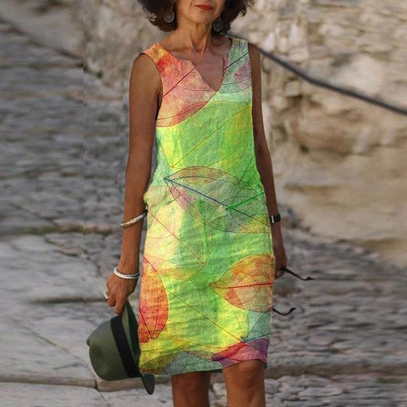 Liorah női nyári ruha – ujjatlan ruha őszi mintával, V-nyakú és elegáns, bővülő szabású