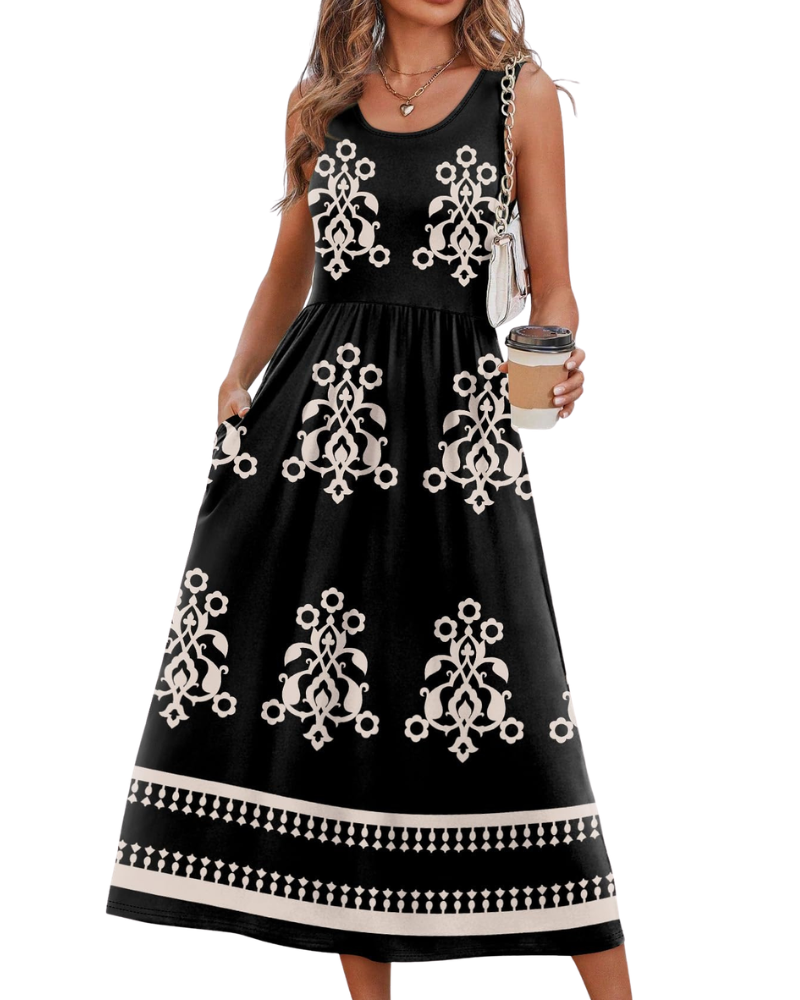 Jensy Robe Midi Femme – Robe A-Line Fluide avec Poches, Taille Empire & Coupe Élégante Été