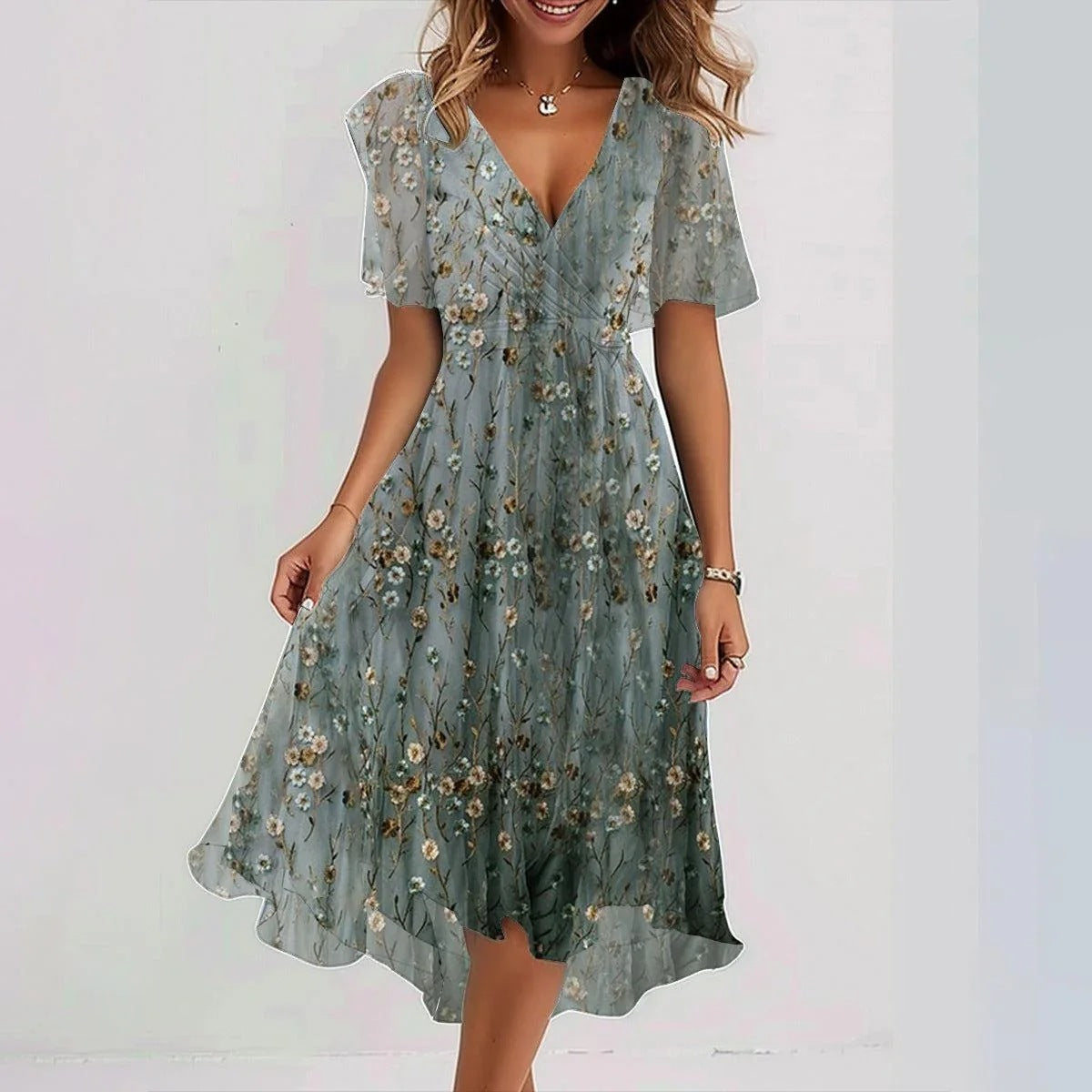 Vestido Midi Feminino Emily – Vestido Leve em Chiffon com Estampa Floral, Decote em V e Cintura Ajustada