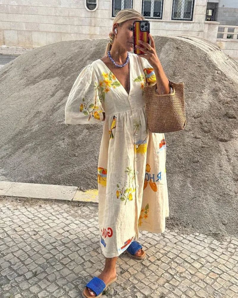 Linen Dress Women Ara – Midi Summer Dress with Colorful Print & Loose Casual Fit