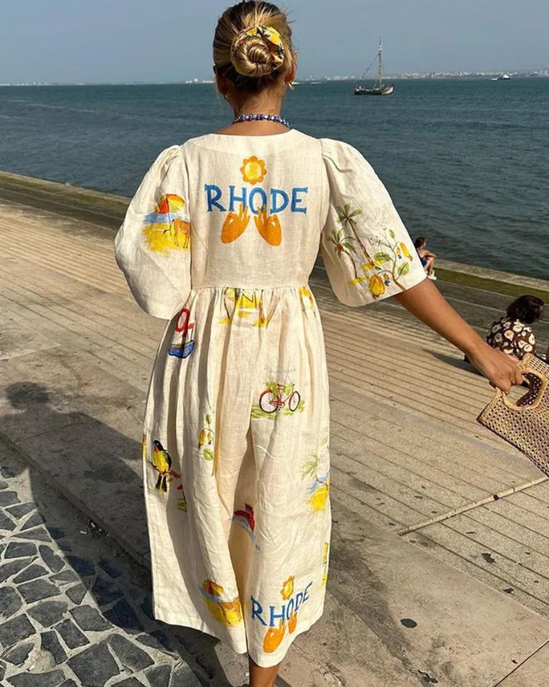 Linen Dress Women Ara – Midi Summer Dress with Colorful Print & Loose Casual Fit