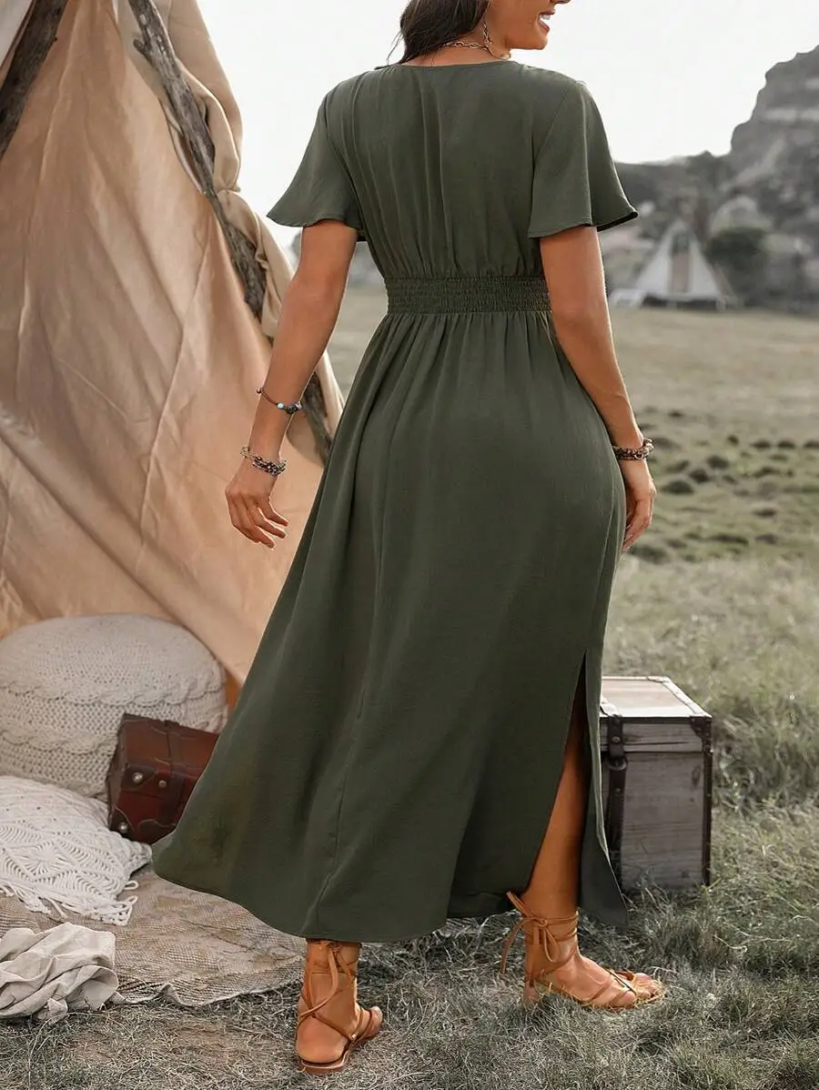 Vanessa Robe Maxi Femme – Lang sort kjole med smocket talje & elegant og flydende snit