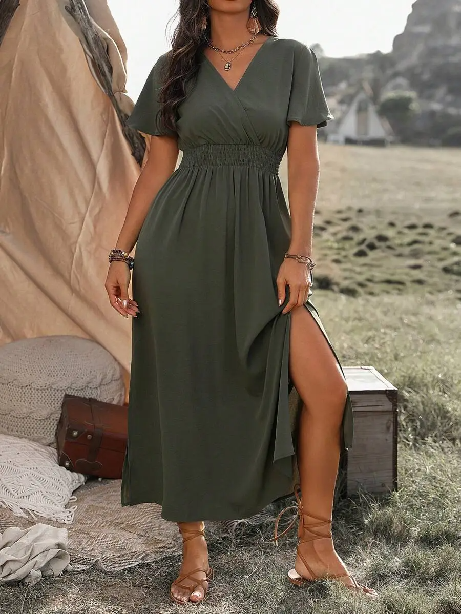 Vanessa Robe Maxi Femme – Lang sort kjole med smocket talje & elegant og flydende snit