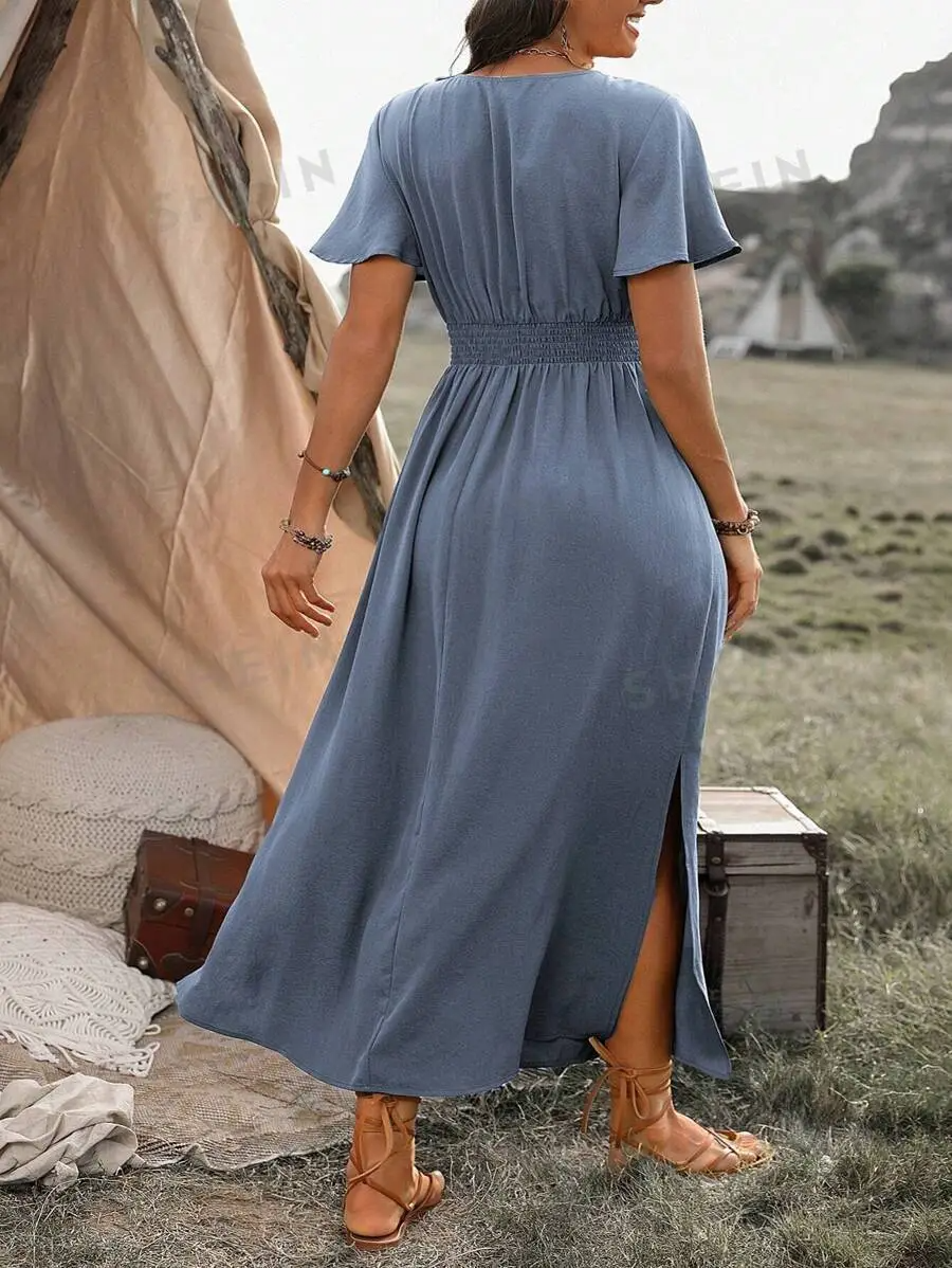 Vanessa Robe Maxi Femme – Lang sort kjole med smocket talje & elegant og flydende snit