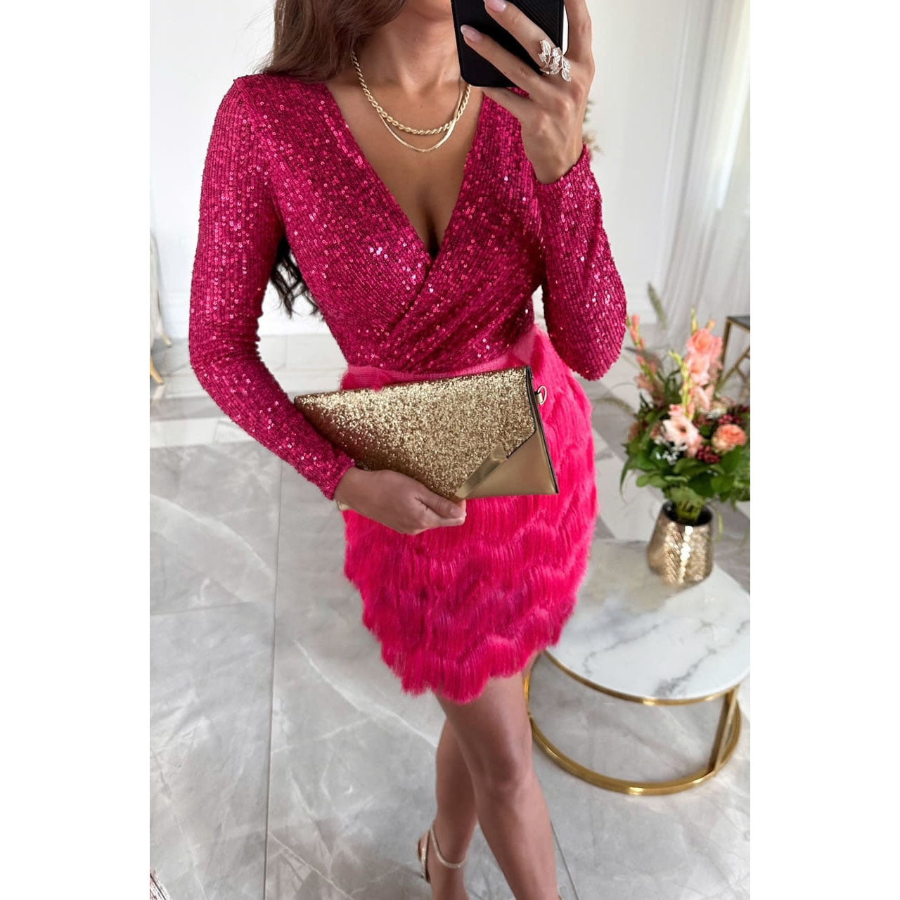 Amber Robe Femme de Soirée – Mini-Robe Brillante avec Franges & Coupe Cintrée Élégante