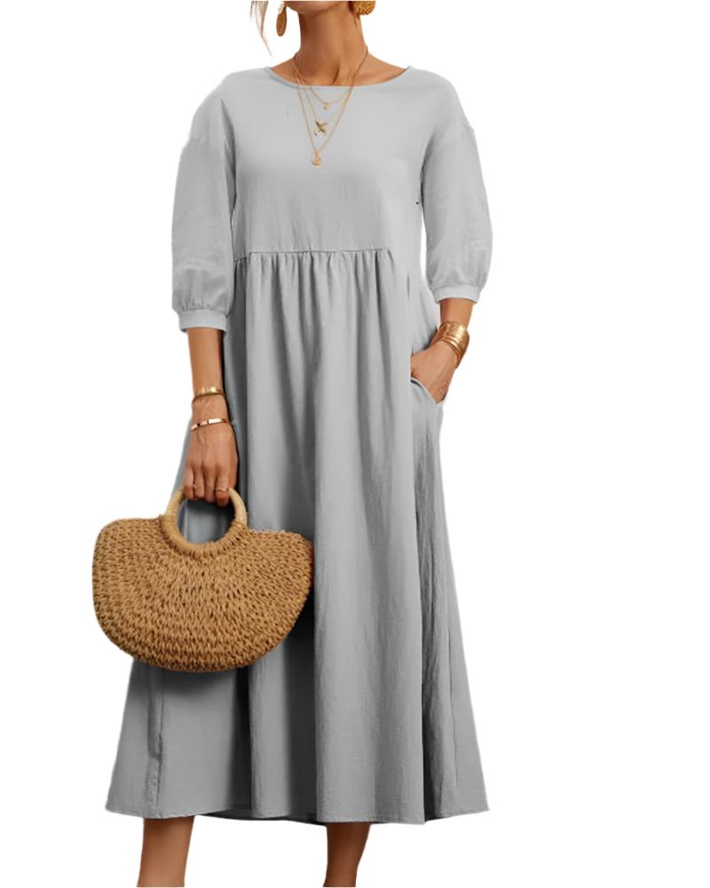 Flore Robe Midi Femme – Bomuld Linned Åndbar, Rund Hals, Lanterneærmer, Sommerkomfort