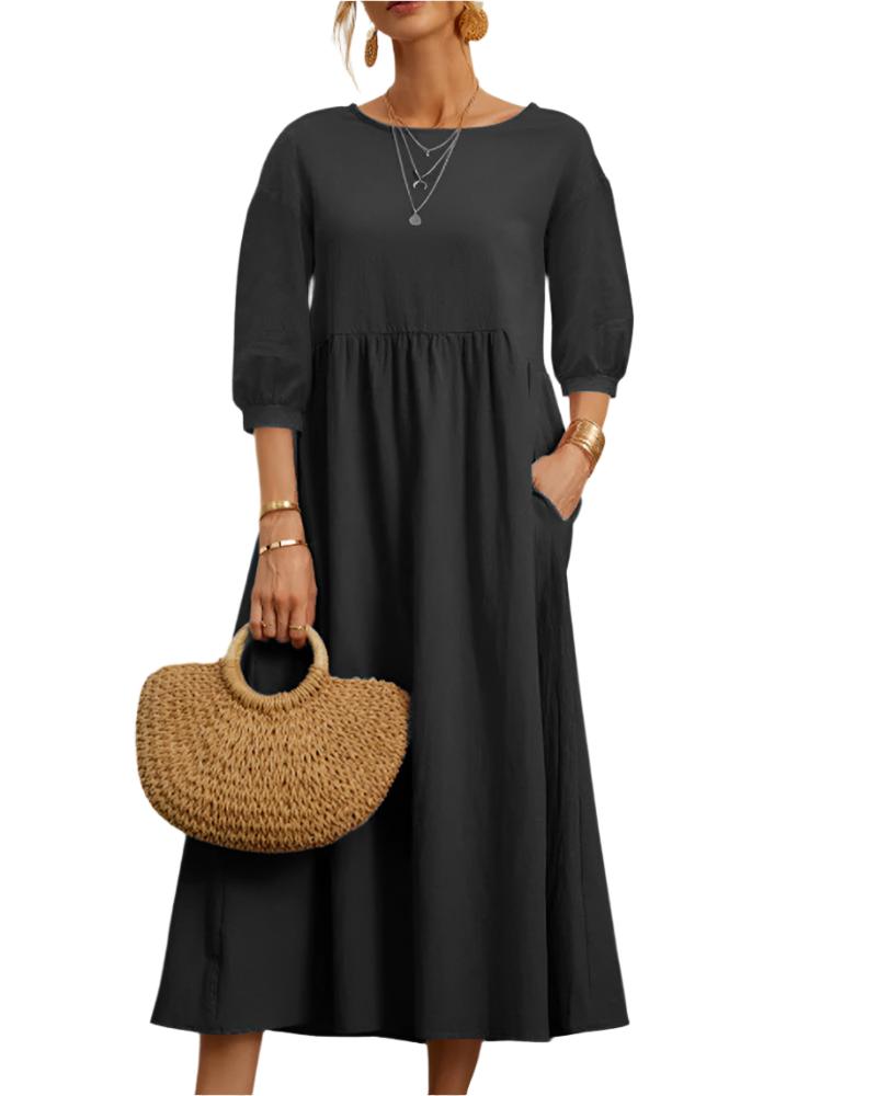 Flore Robe Midi Femme – Bomuld Linned Åndbar, Rund Hals, Lanterneærmer, Sommerkomfort