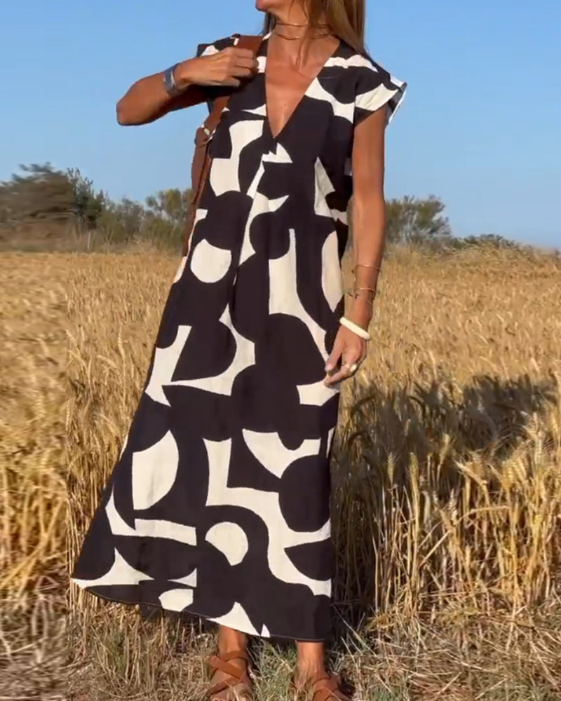 Sita Jurk Losse Pasvorm Dames – Zwart-Witte Abstracte Print met Diepe V-hals