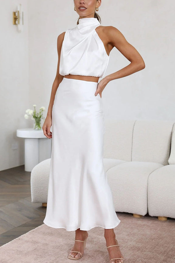 Annie Ensemble Satin Femme – Elegantni komplet od 2 dijela s dugim rukavima i visokim strukom lepršavih hlača