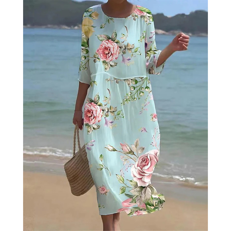 Alora Vestido Feminino Elegante – Estampado Floral, Mangas Médias e Corte Que Valoriza a Silhueta