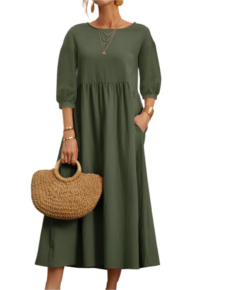 Flore Robe Midi Femme – Bomuld Linned Åndbar, Rund Hals, Lanterneærmer, Sommerkomfort