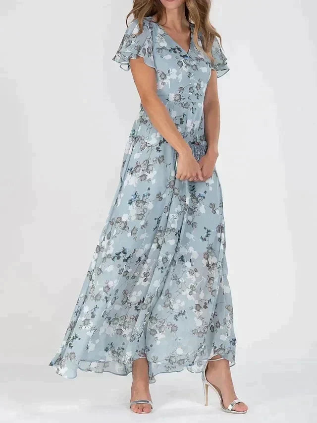 Irene Robe Maxi Femme – Col V Flatterende, Let Blomstret Print & Komfortabel Pasform