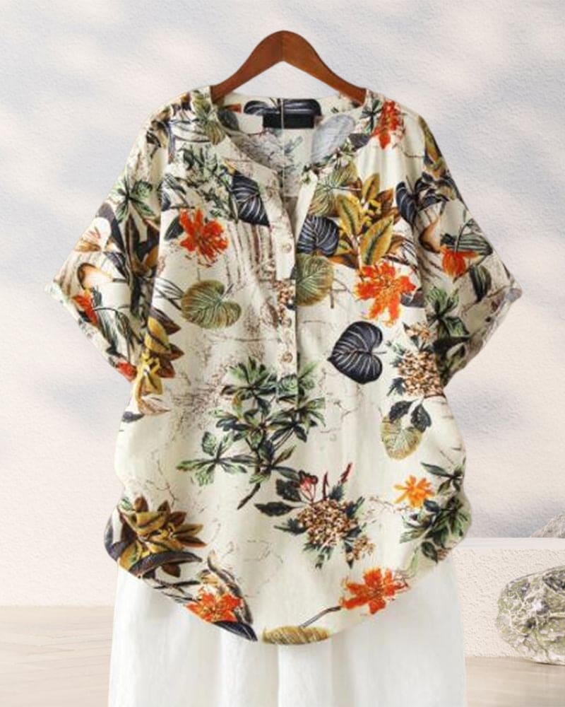 T-Shirt Femme Elisse – T-Shirt Décontracté à Imprimé Fleuri, Mix Coton-Lin & Détail Noué