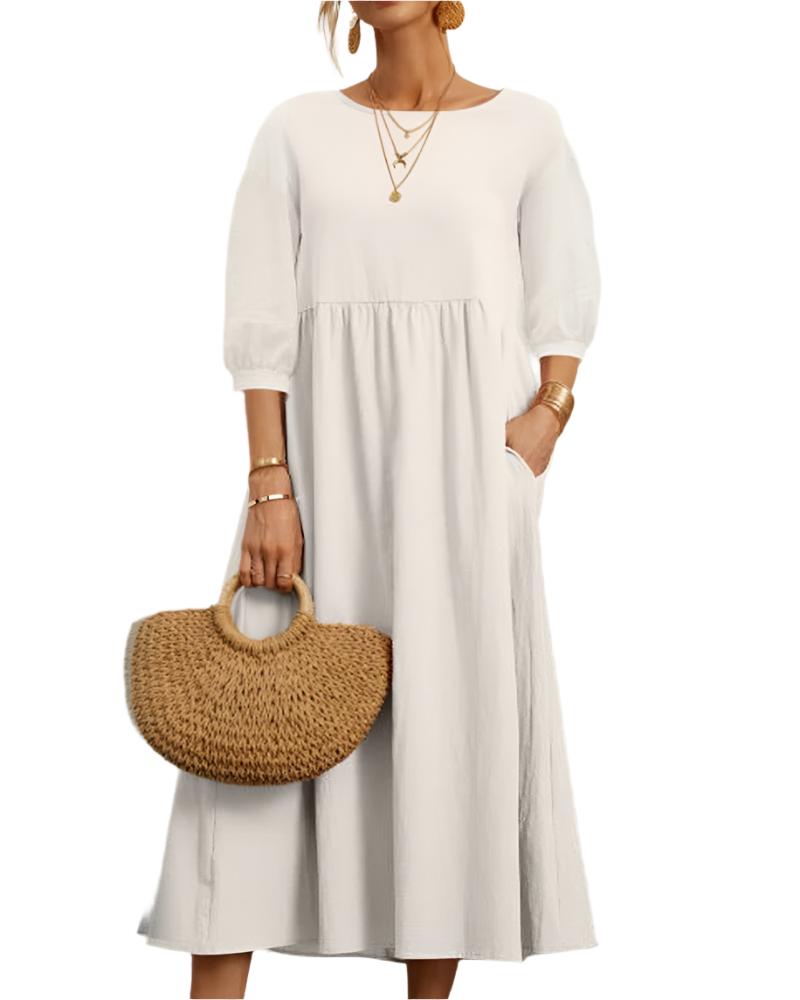 Flore Robe Midi Femme – Bomuld Linned Åndbar, Rund Hals, Lanterneærmer, Sommerkomfort