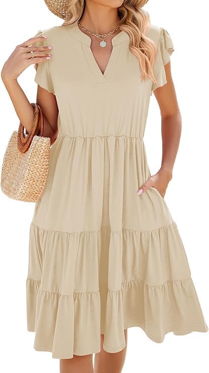 Mila Robe Midi Femme – Robe Col V Volants Sans Manches Avec Poches Été