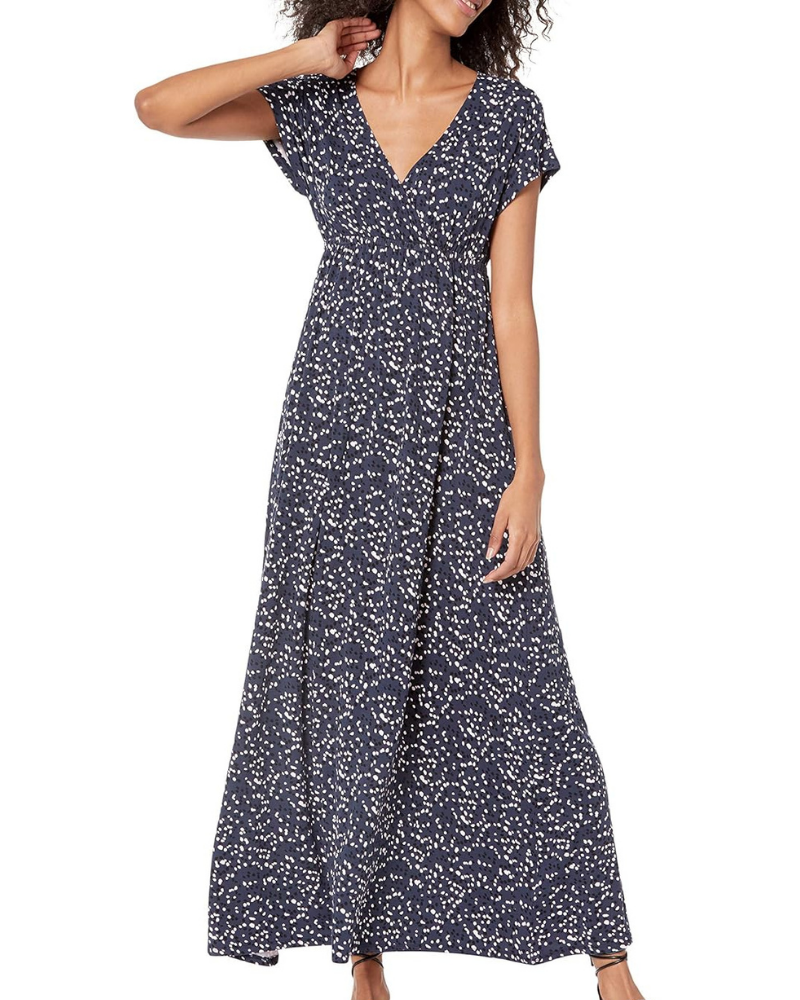 Risa Robe Longue Femme – Col V Croisé, Taille Empire & Coupe Fluide Confort Élégant