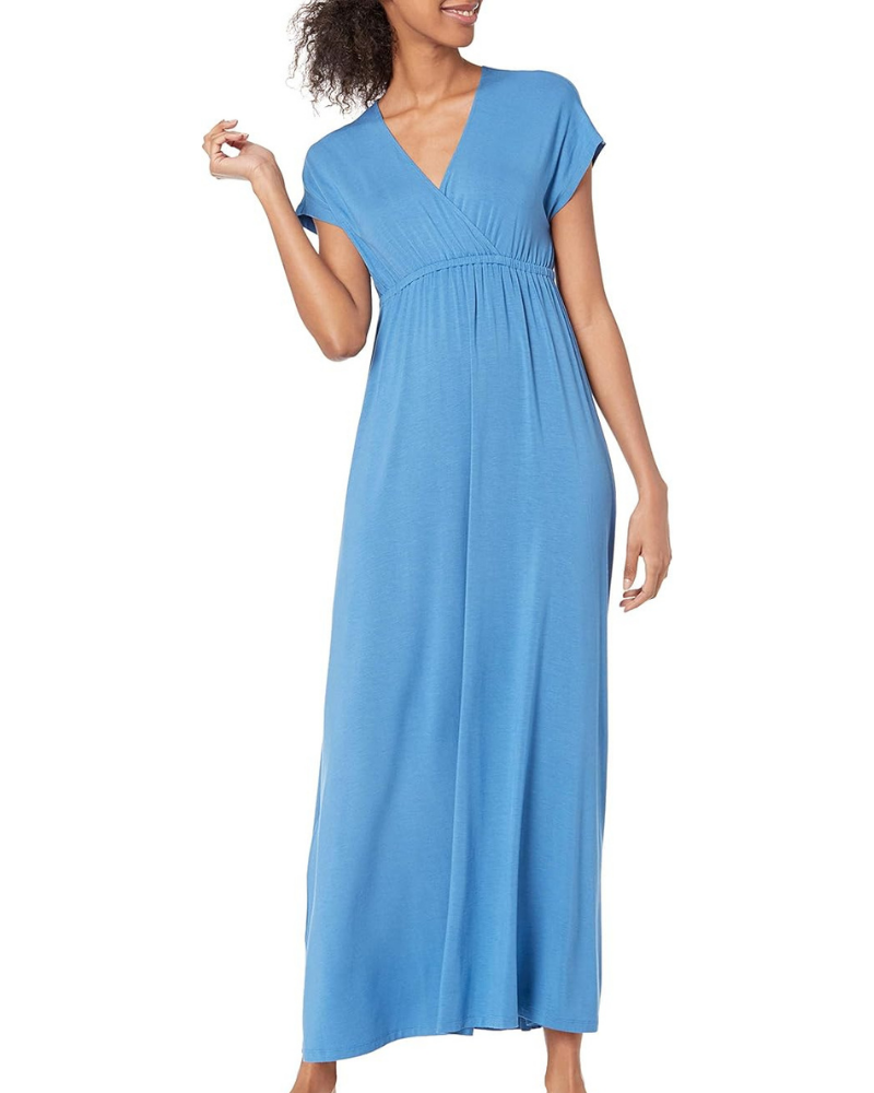 Risa Robe Longue Femme – Col V Croisé, Taille Empire & Coupe Fluide Confort Élégant