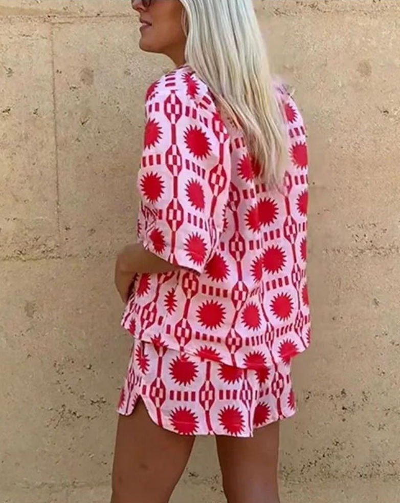 Damesensemble Giselle – Tweedelig Zomerset van Linnen met Geometrische Print & Comfortabele Pasvorm