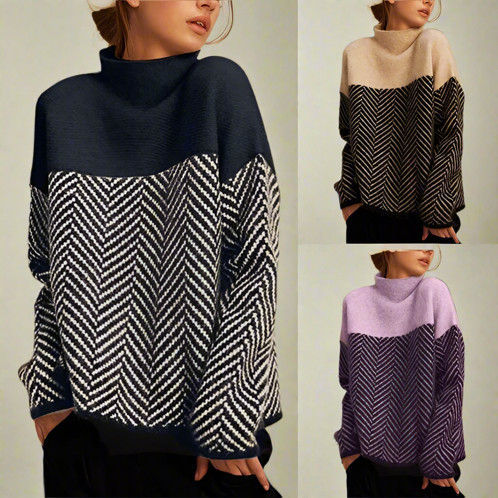 Stella Femme Pull Col Roulé – Elegantní a pohodlný teplý svetr s chevronovým vzorem na zimu
