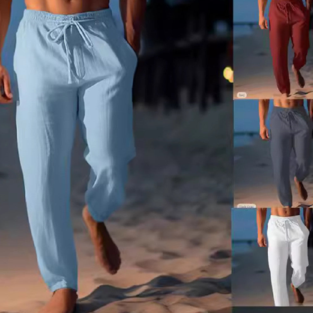 Sean Pantalon Plage Homme – Pantalon Estival en Lin Bleu Clair Respirant avec Cordon de Serrage