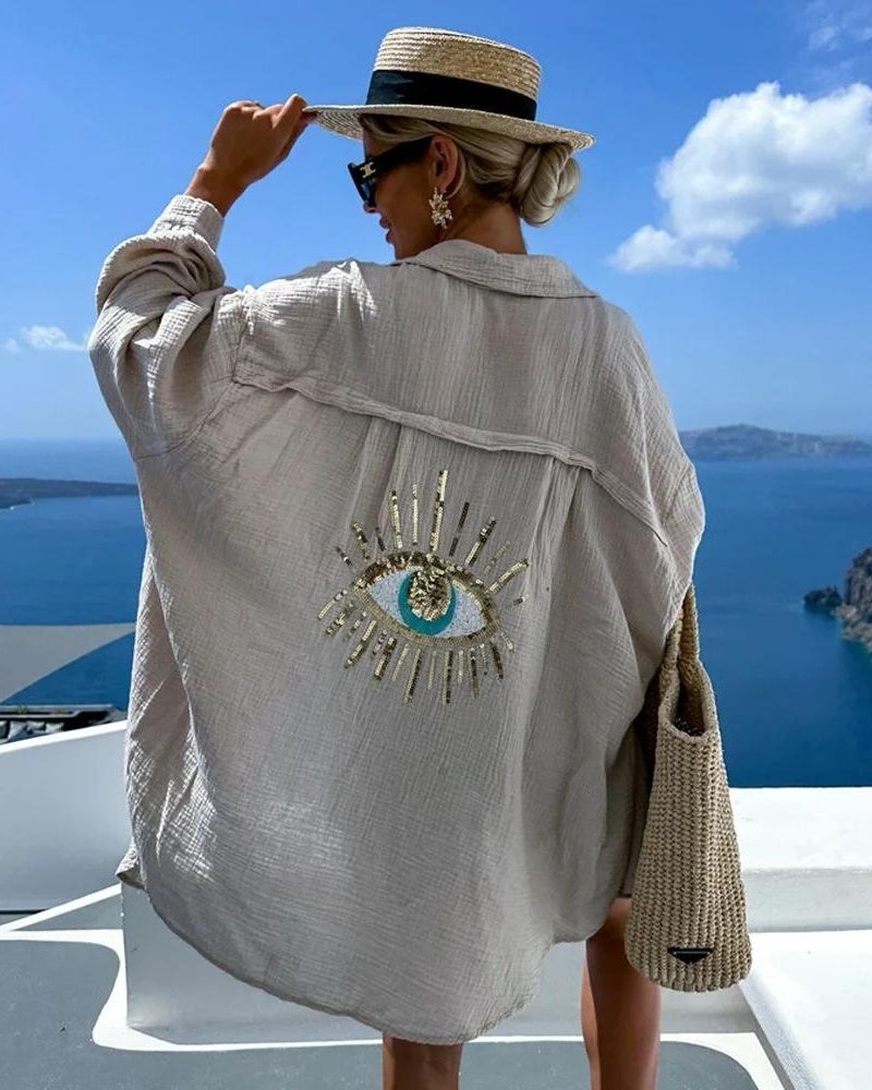 Gelli Chemise Oversize Femme – Broderie Ochi în Paiete & Țesătură Ușoară Respirantă