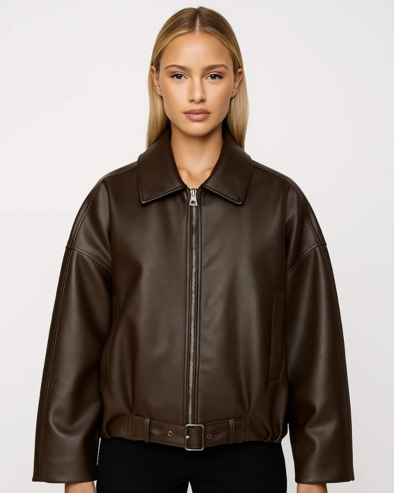 Nina Oversized Jacket for Women – Front Zipper, Built-in Belt & Modern Leather Style