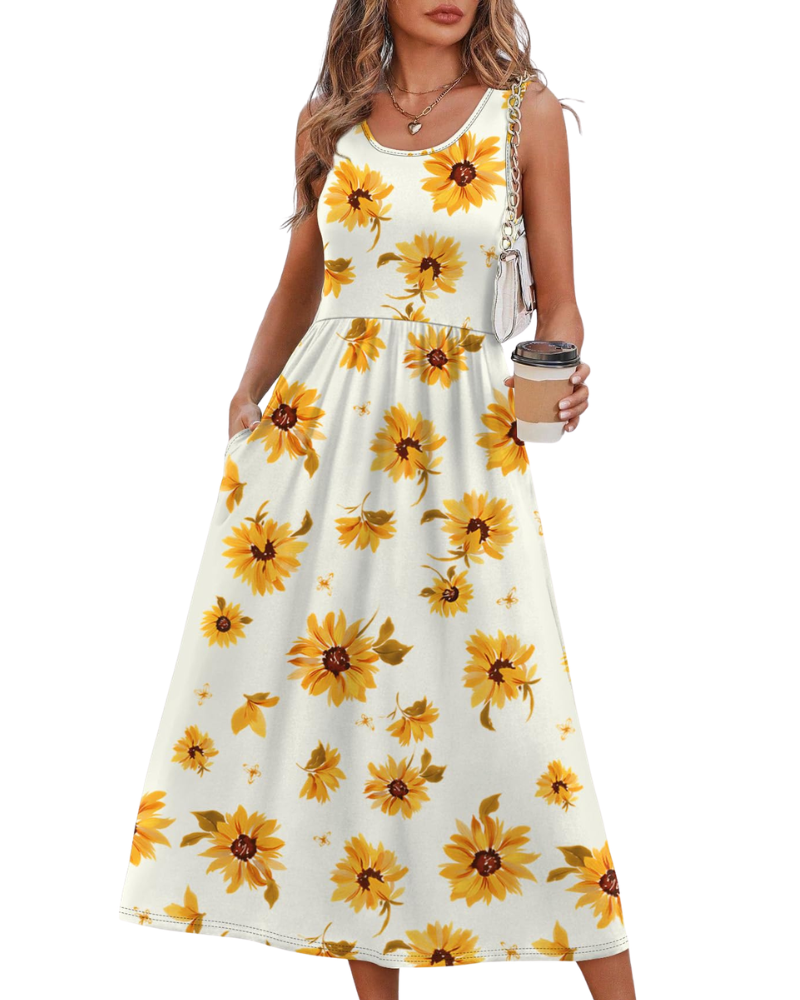 Jensy Robe Midi Femme – Robe A-Line Fluide avec Poches, Taille Empire & Coupe Élégante Été