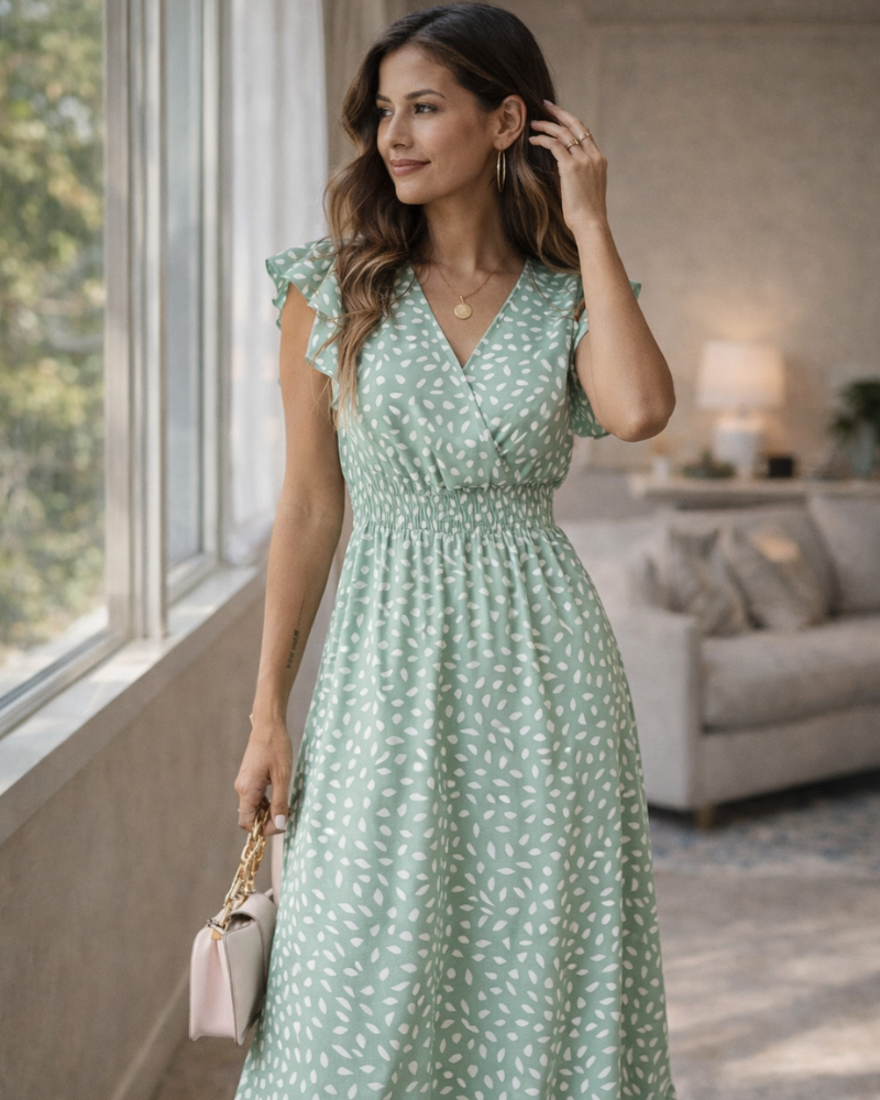 Rochie Maxi Gina Femme – Decolteu în V Floral, Mâneci Petală și Talie Elastică Fluidă de Vară