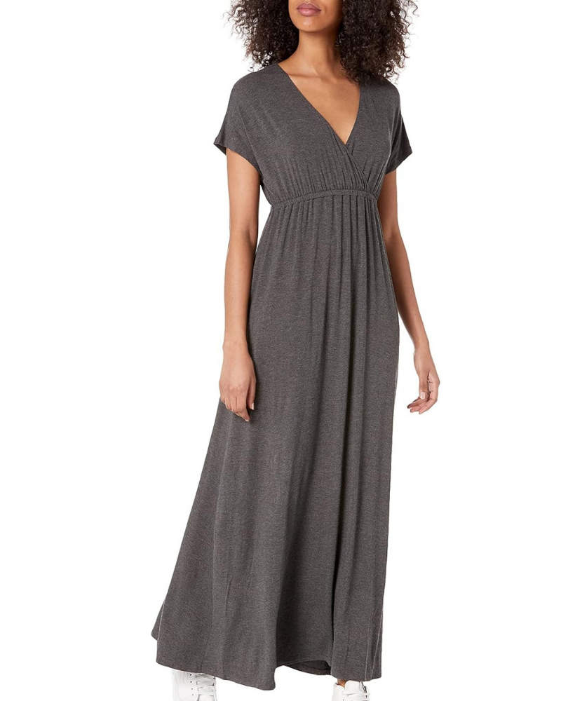 Risa Robe Longue Femme – Col V Croisé, Taille Empire & Coupe Fluide Confort Élégant