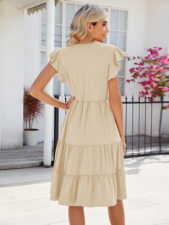 Mila Robe Midi Femme – Robe Col V Volants Sans Manches Avec Poches Été